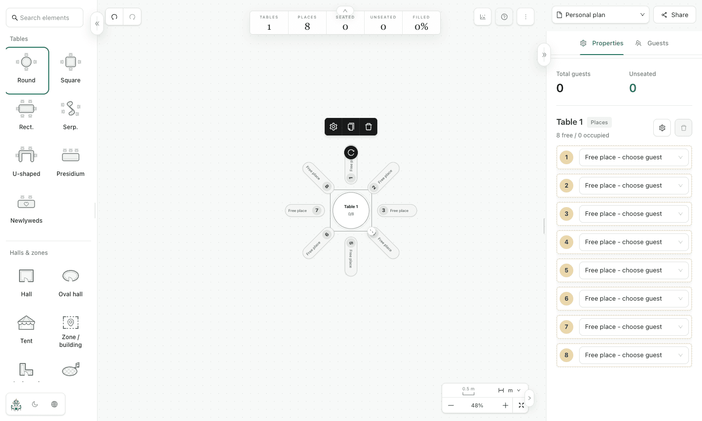 Planlino editor showing a sample round table on the venue map
